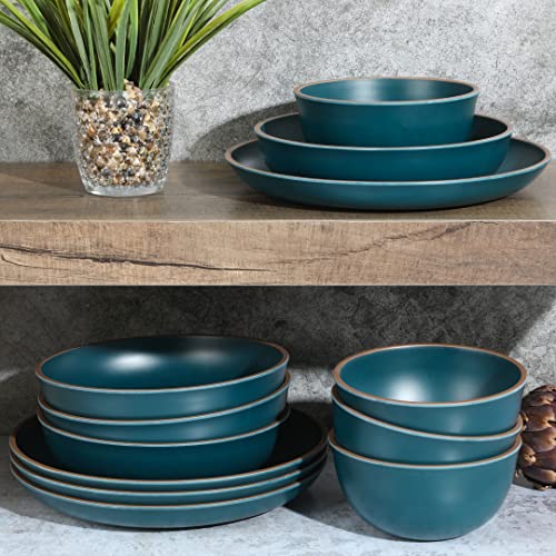 Gibson Home Rockabye 12 Piece Double Bowl Melamine Dinnerware Set - Matte Teal #TOP2
