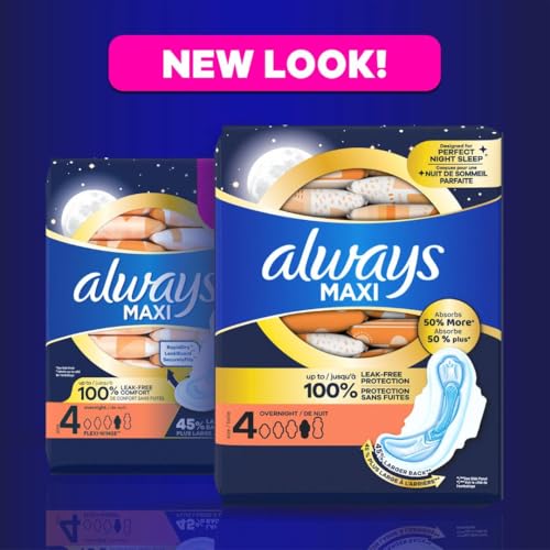 Image of Always Maxi Feminine Pads For Women, Size 4 Overnight Absorbency, With Wings, Unscented, 26 Count