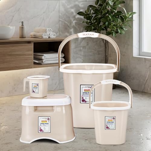 Image of RATAN PLASTICWARE Premia Bathroom Set (Bucket 5L X 1) + (Bucket 25L X 1) + (Mug 1.5L X 1) + (Small Stool X 1) - Desert Rose|Easy to Carry | Perfect for Use in Bathrooms, Kitchen & Wet Utility Areas