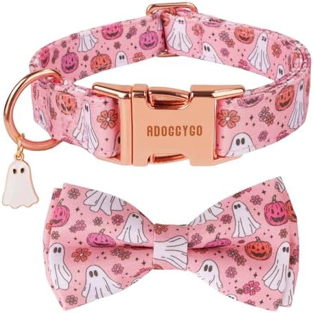 ADOGGYGO Pink Halloween Dog Collar, Ghost Pumpkin Dog Bow Tie Col...