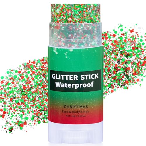 Paminify Christmas Hair Glitter Stick,Red and Green Silver Face Body Glitter for Kids,Waterproof Christmas Outfits for Women, Stocking Stuffers Sparkling Party Gift for Girls,Chunky Glitter Makeup