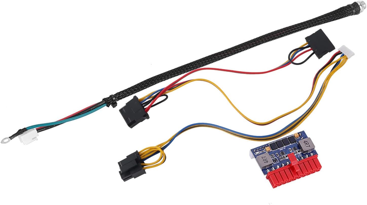 ASHATA 90W DC-ATX Power Module with labeled connectors: DC Input 12V, AUX-12V, 4-PIN MOLEX, ATX connector, SATA POWER