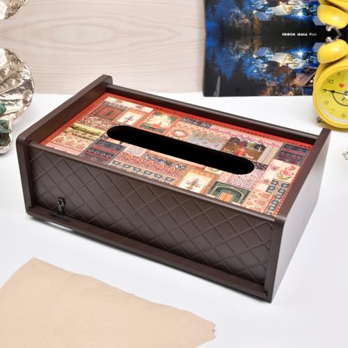 Image of Home Sparkle Tissue Paper Box Holder for Car, Home Decor, Gifting & Office Desk - Rectangular MDF with Elegant Vinyl Print Design - Brown Finish (C7V44)