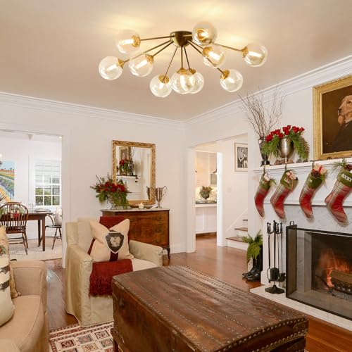 Image of KCO Gold 10-Light Amber Glass Globe Sputnik Semi Flush Mount Ceiling Light