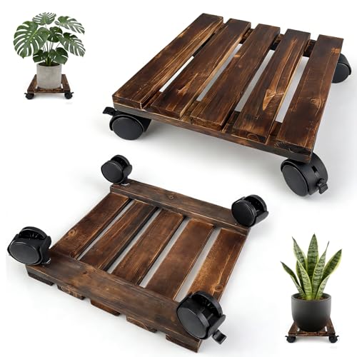 LUMITERRA 2 Pezzi Carrello per Piante in Legno con Ruote, 25*25*8cm, Carrello Mobile per Piante, Carrello per Piante in Abete , con Ruote Girevoli Bloccabili, per Interni ed Esterni