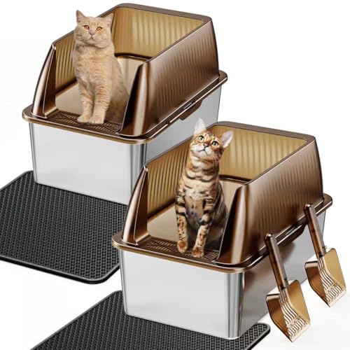Tripamin 38.1 cm XL ステンレススチール 猫用トイレエンクロージャ、XXL ステンレススチール ハイサイド 蓋付き 特大金属製猫用トイレ(半透明、2個 XXL)の商品画像（Amazon）