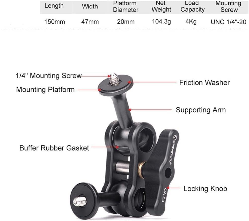 Sunwayfoto TA-01 + GA-02 Tripod Socket Adapter + Magic Arm Accessory