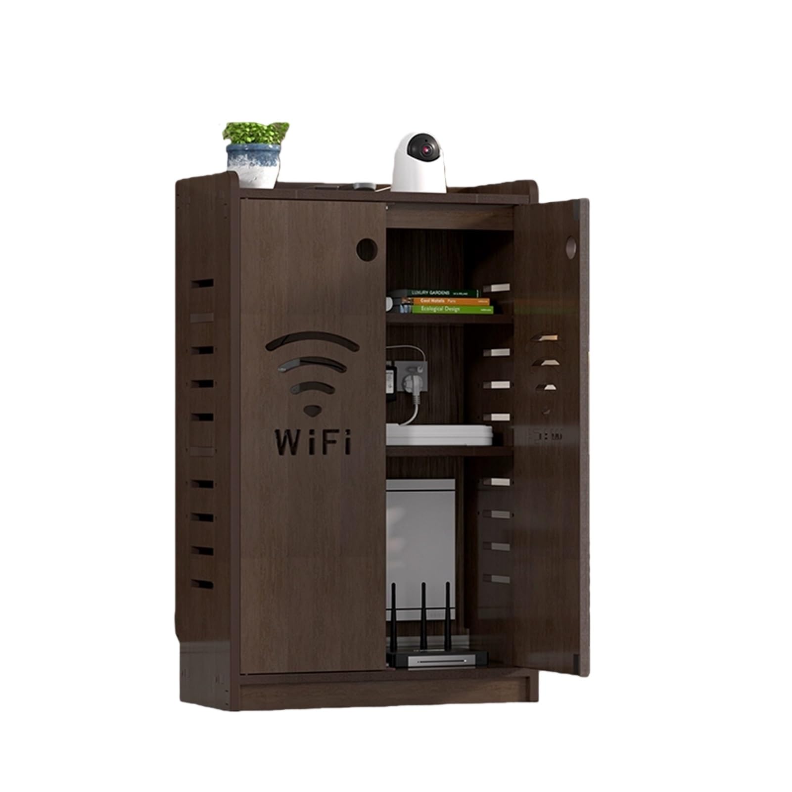 MESCXTY WiFi Router Storage Cabinet, Floor Standing Modem,with Adjustable Shelves,Power Strip Cable Management Hider Organizer(Brown,19.6x31.5x9.8in)