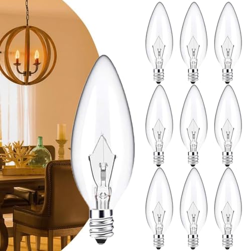 Transparent Candle Light Bulbs for Chandeliers, 40W 120V E12 C32 Base CTC Chandelier Candle Bulbs Torpedo Shaped Decorative Incandescent Dimmable Light,Ceiling Fan Lights, Pendants, Fireplace (E12)