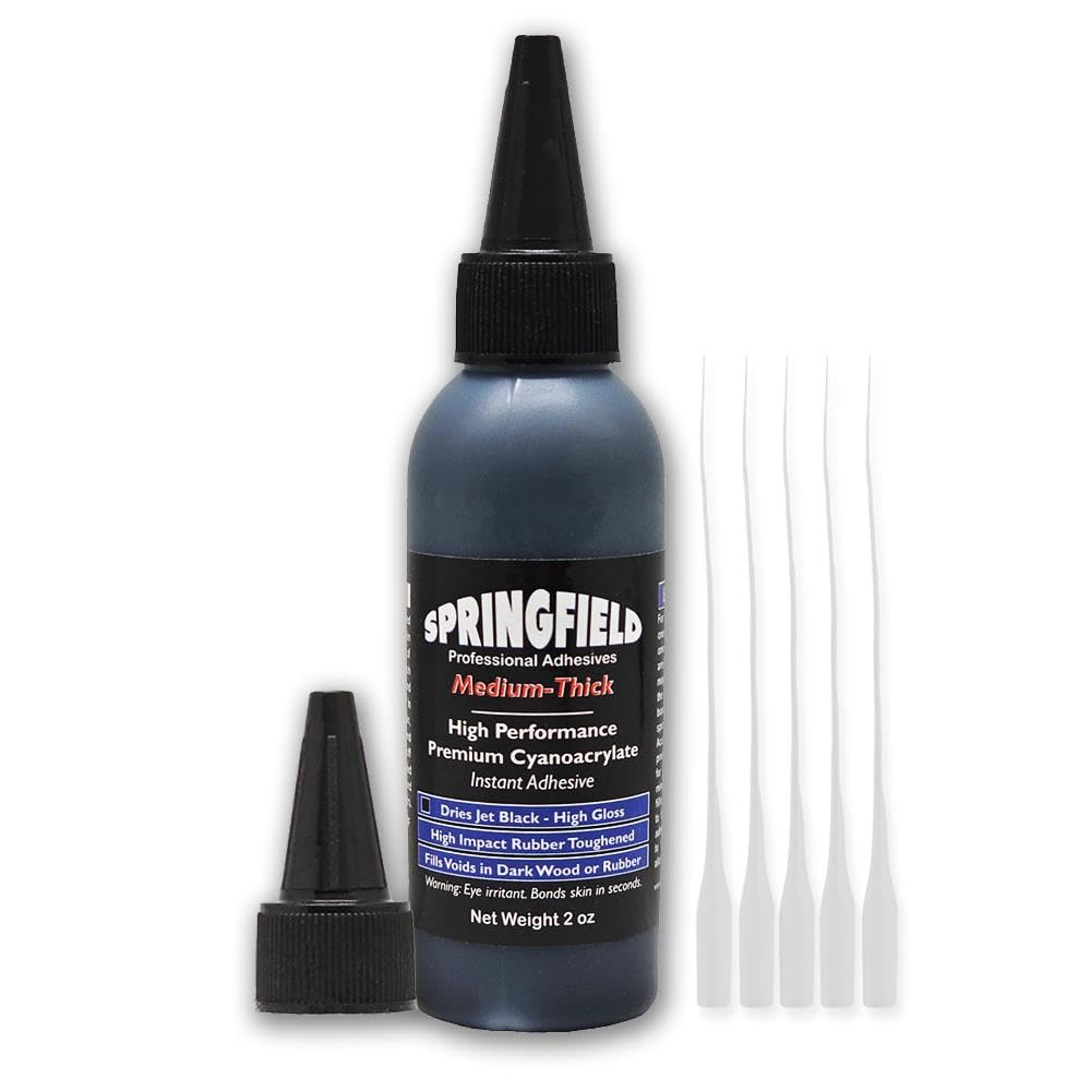 Black Rubber Toughened CA Glue with Premium Accelerator - 2oz Cyanoacrylate Super Glue - Medium-Thick 500 CPS Viscosity Adhesive Plus 2oz Instant Tack Spray by Springfield Speaker