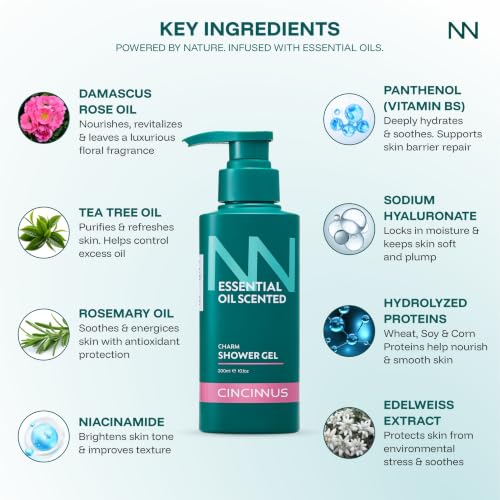 Image of Cincinnus Essential Oil Charm Body Wash Shower Gel for Women & Men with Rosemary, Tea Tree Oil, Niacinamide | Refreshing Gentle Cleansing, Moisturizing Body | For All Skin Types 300ml