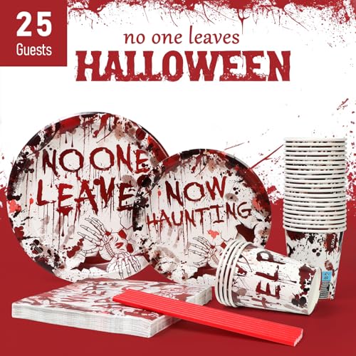 UVTQSSP Halloween Plates, Halloween Paper Plates and Napkins and Cups Party Supplies, Disposable Tableware Sets, Spooky Skull Bloody, Red - Image 5