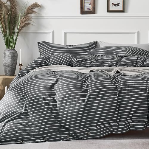 Image of JELLYMONI Cotton Duvet Cover Full Size - Gray Pinstriped Comforter Cover with Button 100% Washed Cotton 3PCS Breathable Soft Solid Bedding Set Duvet Cover 80x90in & 2 Pillowcases (NO Comforter)