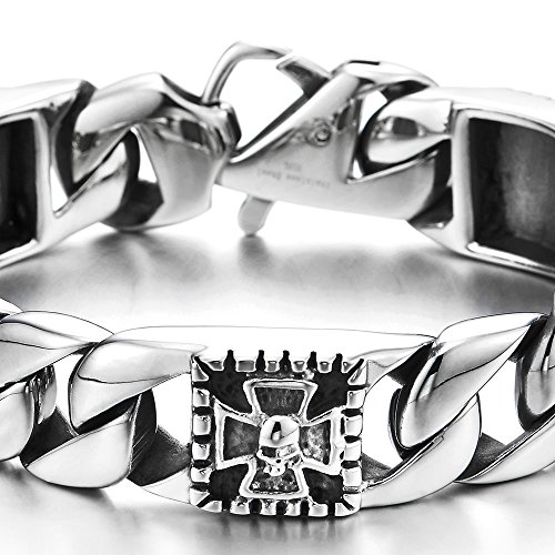 Coolsteelandbeyond Mens Stainless Steel Curb Chain Bracelet With Cross And Skull, Biker Gothic, Vintage Polished #TOP1