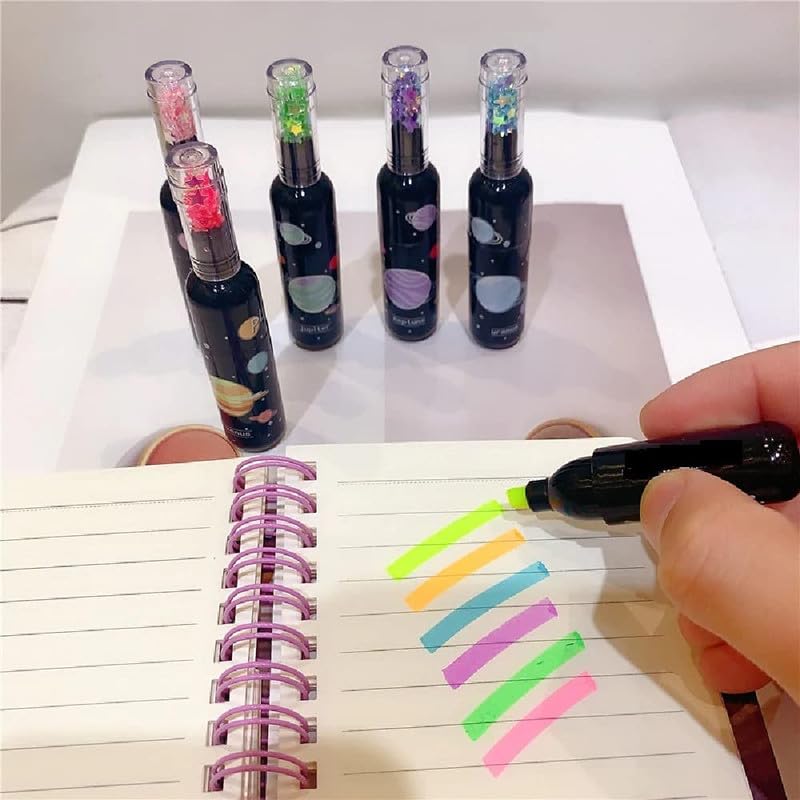 Image of YBN 6Pcs Space Theme Dual Tip Marker Highlighter Fluorescent Pens (Planet Bottle Shape), Assorted