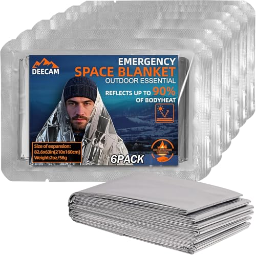 Deecam Manta Termica Supervivencia 6 Piezas,Manta Termica Emergencia Plata, 210 ×160 cm, Manta de Emergencia Protege del Frío, la Lluvia, el Viento
