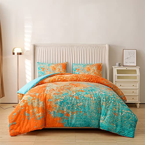 Aimuan Abstract Blue Comforter Sets Modern Art Bedding Sets 3 Pieces Sparkle Star Galaxy Twinkle Starlight Quilt Tie Dye Printed Comforter for Kids Teen (Orange-Aqua,Queen)