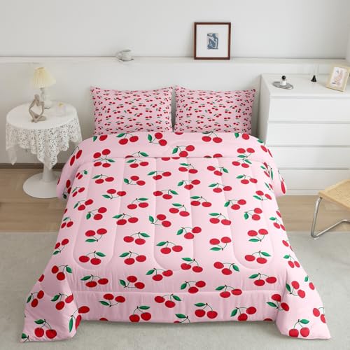 Feelyou Cherry Bedding Set Queen Size Pink Cherry Comforter Set for Kids Boys Girls Decor Summer Fruit Comforter Microfiber Cute Fruit Duvet Set Bedroom Quilt Set