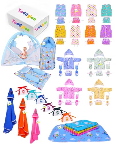 Image of Toddylon 56 in 1 New Born Baby Products All | Gift Packs | Maternity Kit | Baby Clothes | Baby Bedding Set | Essentials Items | Baby Shower | Combo Pack | Infants (Multicolor, 0-6 Months)