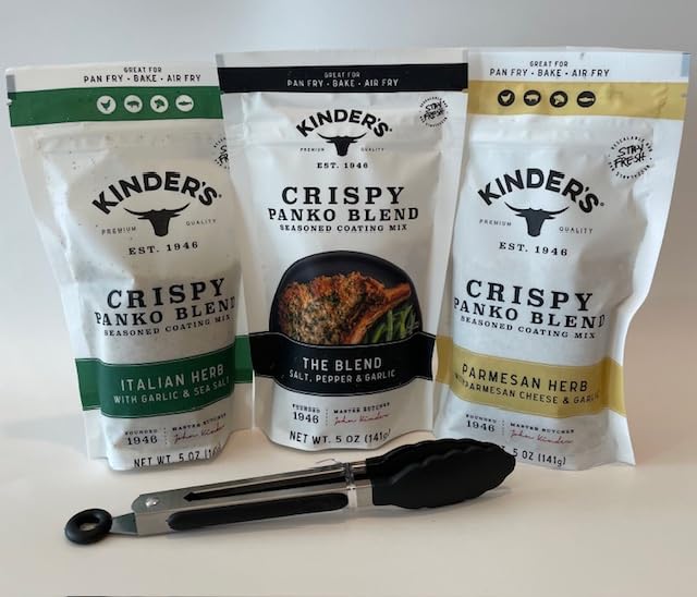 Kinders Crispy Panko Blend Seasoned Coating Mix Buttery Buffalo, Buttermilk Ranch, Woodfired Garlic (3 pack) with 7" cooking tong - 4 Items!