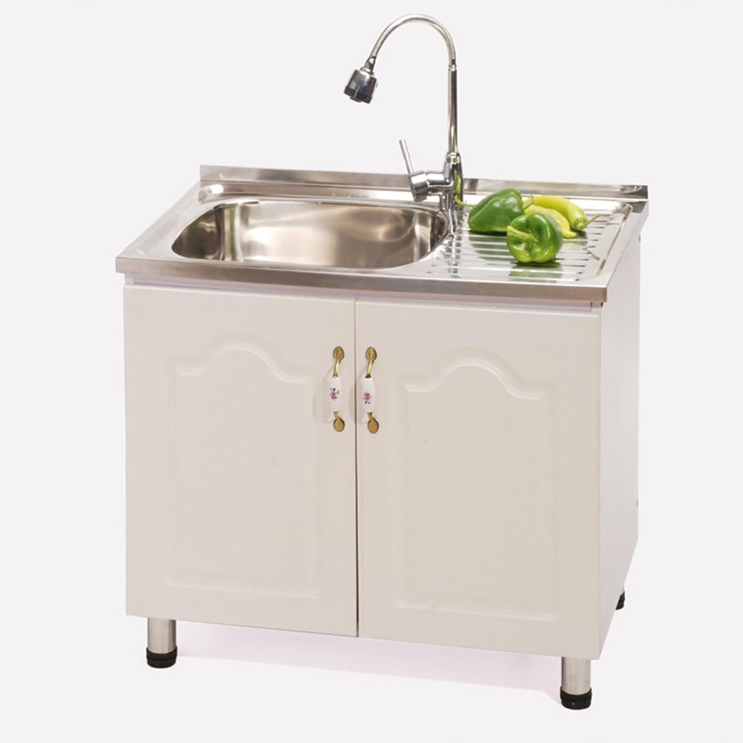 OWOHYG Commercial Stainless Steel Kitchen Sink With Faucet And Cupboard Freestanding Utility Sink With Workbench And Drainer Unit For Indoor And Outdoor Use.Right-L