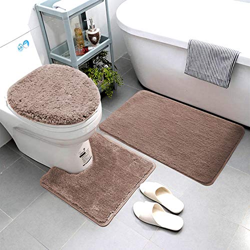 Luxury Home Goods 3 Piece Solid Super Soft Microfiber Bathroom Rug Set Includes Bath Rug, Contour Mat, and Toilet Lid Cover, Non-Slip Bath Rugs with Rubber Backing, Machine Washable (Taupe)