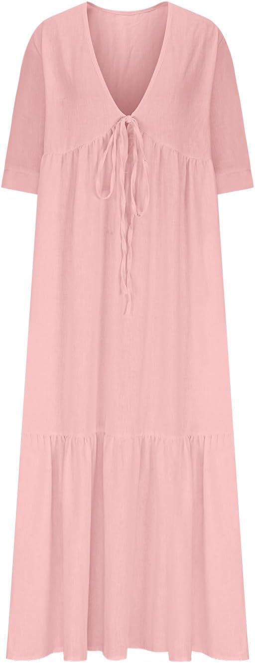 Womens Casual Summer Dress Loose Linen Maxi Dresses Half Sleeve V Neck Sundress Flowy Beach Dress Vacation Outfits