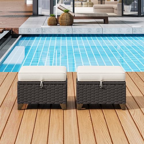 Image of 2 Pieces Patio Outdoor Ottomans with Removable and Washable Covers,PE Rattan Wicker Footstools for Porch, Garden, Sunroom (Beige) | Patio Ottoman Set with Olefin Removable Cushion, All-Weather Ottoman with Deep Seat for Porch, Deck and Backyard, Beige