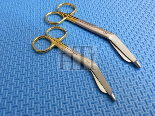 HIGH TECH INSTRUMENTSSet of 2 Premium O.R Grade Gold Handle SUPERCUT Lister Bandage Scissors 4.5" + 5.5" with ONE Serrated Blade (HTI BRAND)
