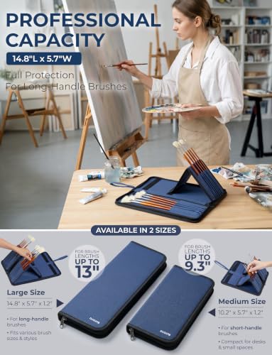 Image of DUGATO Long Brush Holder & Organizer, Canvas Case 5.7 x 14.8 in, Blue | 15 Slots Zipper Paint Brush Case for Brushes up to 13 in Length, Artist Long Handle Brush Art Case (Brush Not Included)