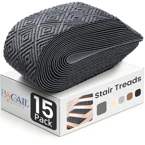BAGAIL 15 Pack Non-Slip Stair Treads for Wooden Steps, 8'x30' Peel and Stick Carpet Stair Runners, Machine Washable Indoor Step Covers with No-Residue Adhesive for Dogs, Kids & Elderly - Dark Gray