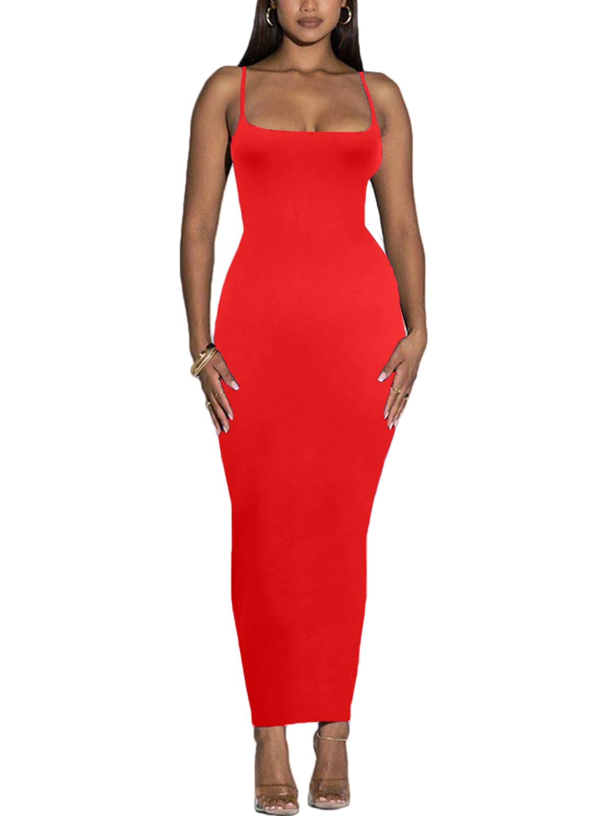 Women's Spaghetti Strap Bodycon Dress - Summer Casual Maxi Club Party Long Tight Slip Dresses