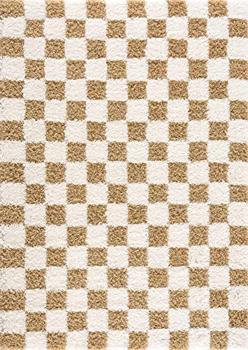 Hauteloom Atira Checkered Shag Area Rug - Checkboard Design - High Pile Fluffy Shaggy Touch - Square Tiles - Kids Room, Nursery, Living Room Shaggy Carpet - Yellow, Cream, White - 5'3" X 7'3" #TOP1