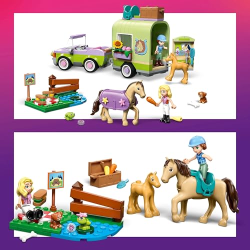 Image of LEGO Friends Horse & Baby Foal Trailer Toy - with 2 Minidolls, Puppy, Horse, Foal and Frog - 42695