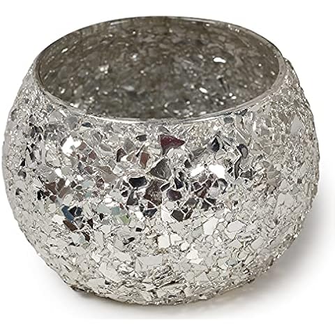 eTroves Mosaic Tealight Candle Holder, Round Glass Votive Tea Light Holder, 2.2 Inch, Silver Cover