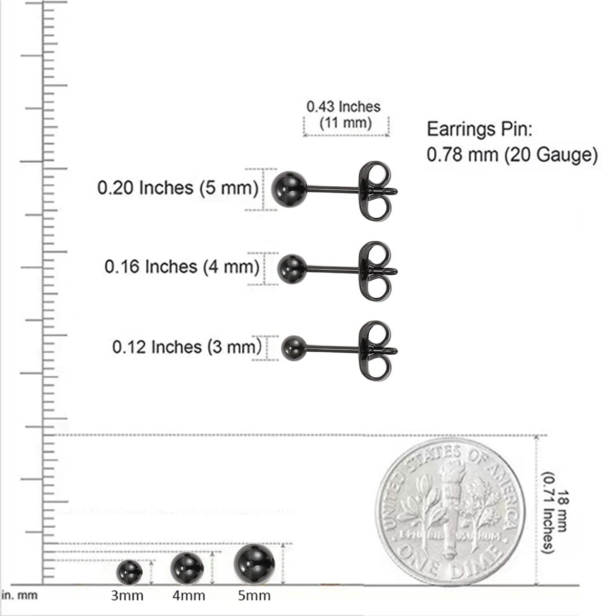Aretes de bola de titanio, hipoalergénicos, para mujeres y hombres, orejas sensibles, color negro, 0.118 in, 0.157 in, 0.197 in, parte trasera de titanio, Titanio, No es una piedra preciosa 2