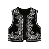 Yoisdtxc Damen Weste Ärmellos Cardigan Floral Stickerei Weste Retro Ethno Stil Weste Mantel Kurze Strickjacke Sommer Weste, B-schwarz, 42