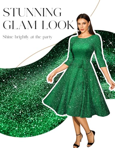 DRESSTELLS Cocktail Dresses for Women, Wedding Guest 3/4 Sleeve Sparkly Holiday Prom Party Dress, Sequin Aline Modest Mother of Bride Midi Dress Glitter Green L - Image 3