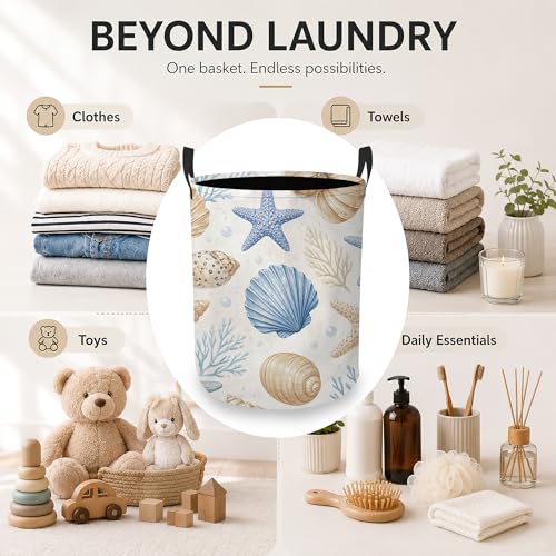 Image of Seashell Starfish Laundry Basket, Ocean Coastal Collapsible Laundry Hamper Waterproof Oxford Cloth With Handles, Clothes Storage Bucket For Bathroom /Bedroom 16 inch x 20.8 inch