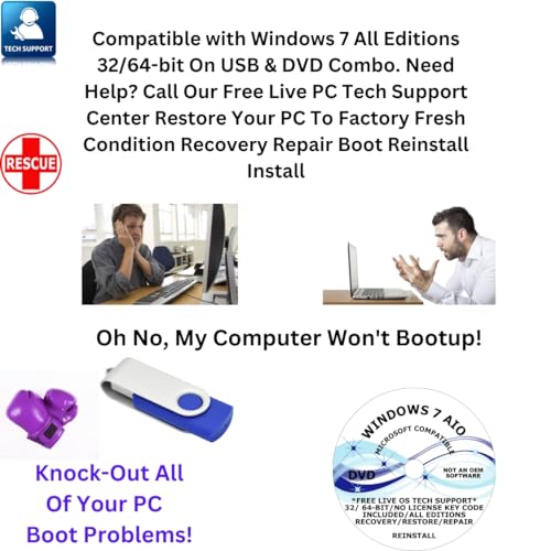 Generic Compatible With Windows 7 All Editions 32/64-Bit Usb & Dvd Combo. Need Help? Call Free Live Pc Tech Support Center Restore Your Pc To Factory Fresh Condition Recovery Repair Boot Reinstall Install cover