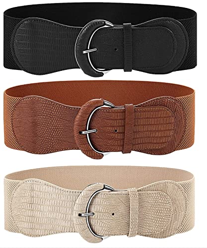 3 pieces of women's wide belts, waist belts, leather elastic belts, ladies dresses, decorative belt hooks (Black,khaki,beige, Medium)