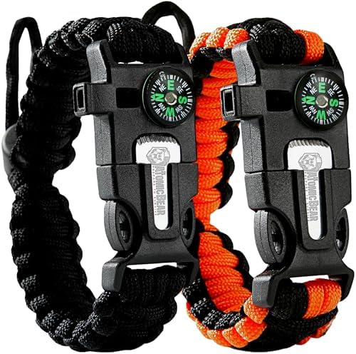 The Atomic Bear Paracord Bracelet (2 Pack) - Adjustable - Fire Starter - Loud Whistle - Perfect for Hiking, Camping, Fishing and Hunting - Black & Black+Orange