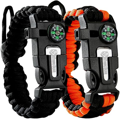 Atomic Bear Paracord Bracelet (2 Pack) – Adjustable – Fire Starter – Loud Whistle – Perfect for Hiking, Camping, Fishing and Hunting – Black & Black+Orange