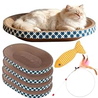 Katzen Kratzer mit Spielzeug, 4er Pack Kratzschale aus Karton, Katzenbett & Kratzbrett in Einer Schüssel, Große Liegemulde zum Krallen wetzen, Möbelschutz mit Catnip Fisch & Federstab