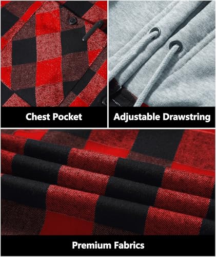 JACKETOWN Men's Flannel Long Sleeve Hoodie Shirts Casual Button Down Plaid Shirt Jackets Stylish with Pocket Red - image 3