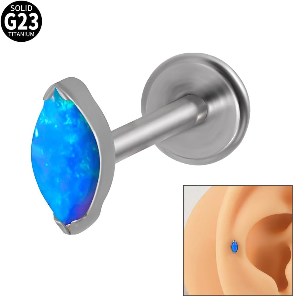 2PCS 16g Titanium Marquise Tiny Opal CZ Flat Back Labret Stud Piercing Cartilage Tragus Conch Helix Stud Earrings Lip Monroe for Women or Men