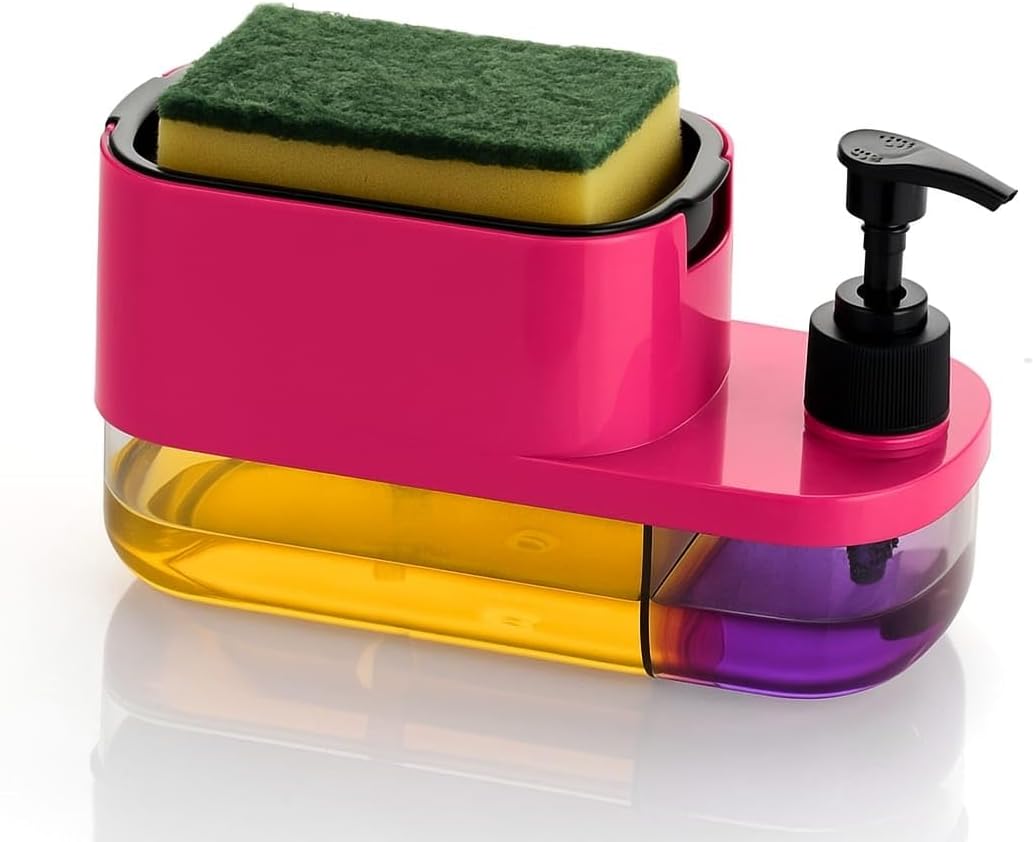 Plastic 3 in 1 Soap Pump Dispenser/Dish Soap Liquid Dispenser Sponge Holder/Dish Soap Pump Dispenser for Kitchen Sink/Countertop/Kitchen/Bathroom (Pink)