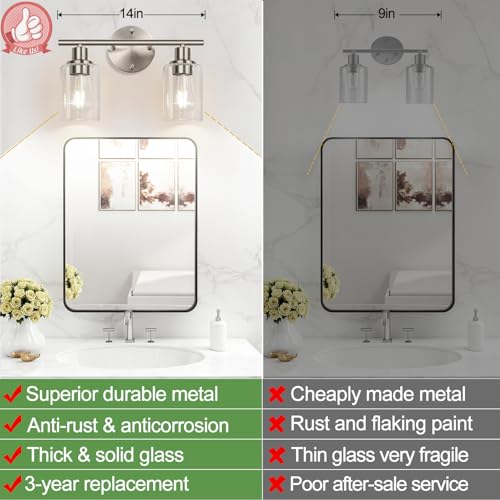 Image of Zarbitta 2-Light Bathroom Light Fixtures, Brushed Nickel Vanity Light, Modern Vanity Lights with Clear Glass Shade, Bathroom Wall Lamp for Mirror Kitchen Living Room Hallway Cabinet Porch