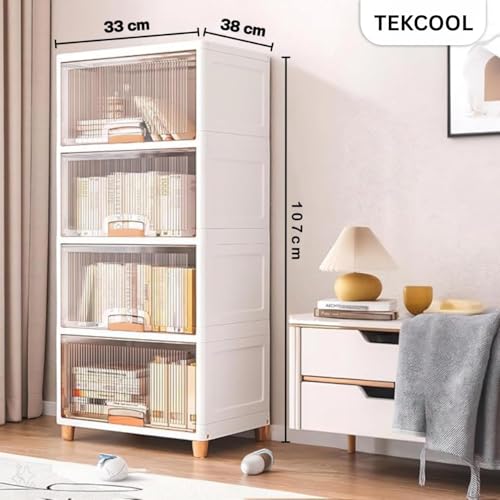 Image of TEKCOOL 4 Tier Foldable Plastic Rack for Storage /Kitchen Cupboard /Versatile and Sturdy Wardrobe for Clothes /Multipurpose Storage Organizer /Closet for Bedroom /Living Room /Laundry Room (Transparent);-