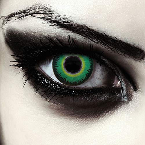 DESIGNLENSES lentilles de couleur vert pour halloween costume de loup-garou, 1 paire (2 pcs), yeux de chat sans correction + étui à lentilles 'Green Werewolf'